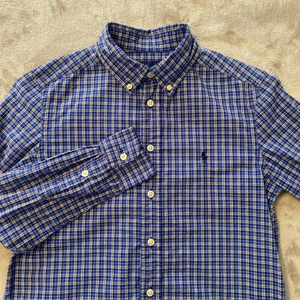 Ralph Lauren Shirt Boys‎ M 10-12 Blue Plaid Natural Stretch Button Down Logo